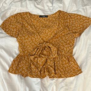 Zaful tie-front shirt, size S, color burnt yellow w/ white/burgundy detail